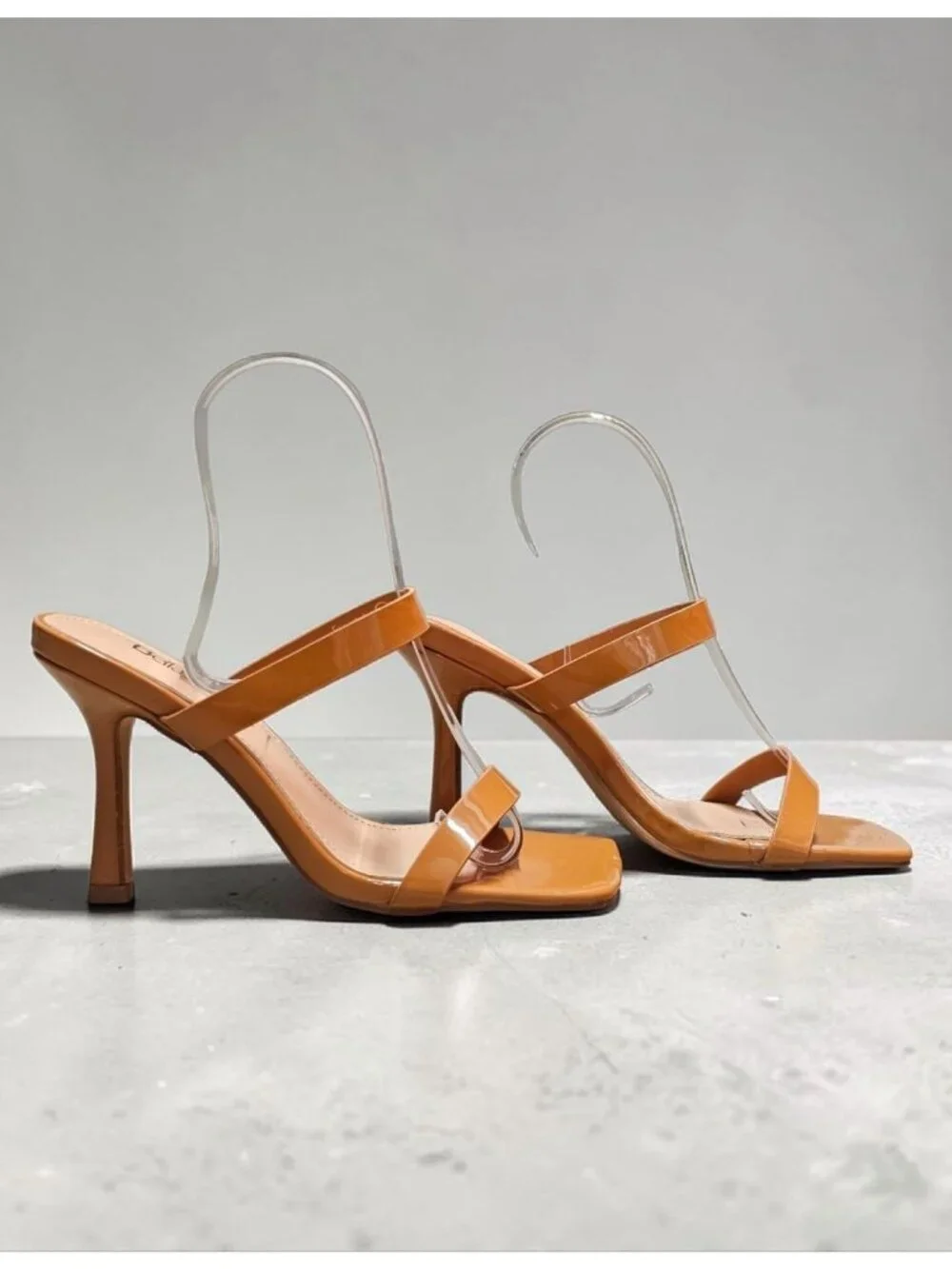 Strap Stiletto Heels With Square Toe & Tan Patent Faux Leather Accents For Women